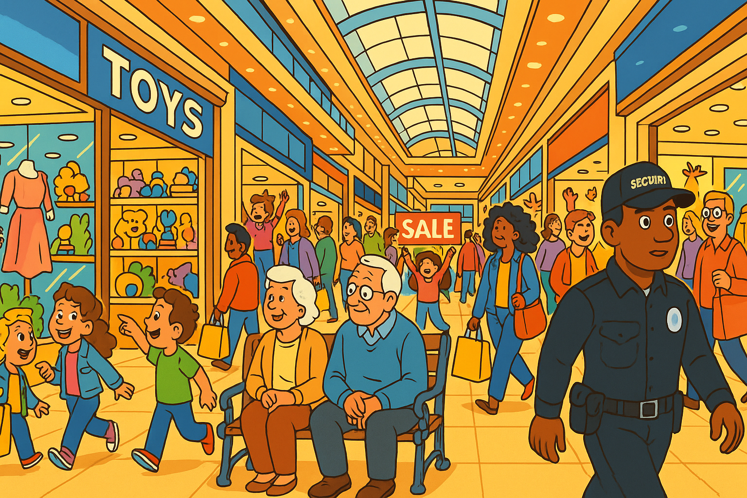 Busy shopping mall scene with multiple levels, shoppers, toy store, and security guard
